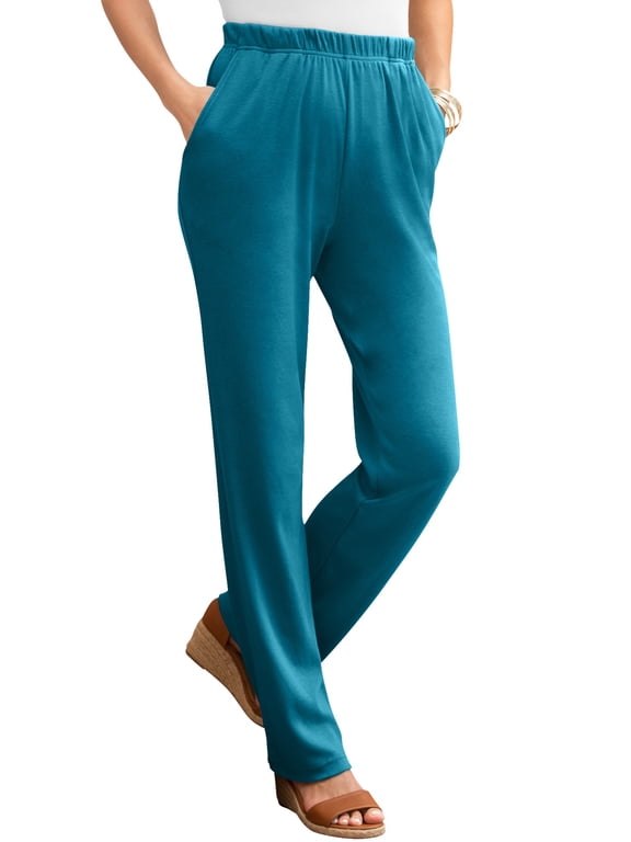 Women's Plus Size Tall Straight-Leg Soft Knit Pant Pull On Elastic Waist