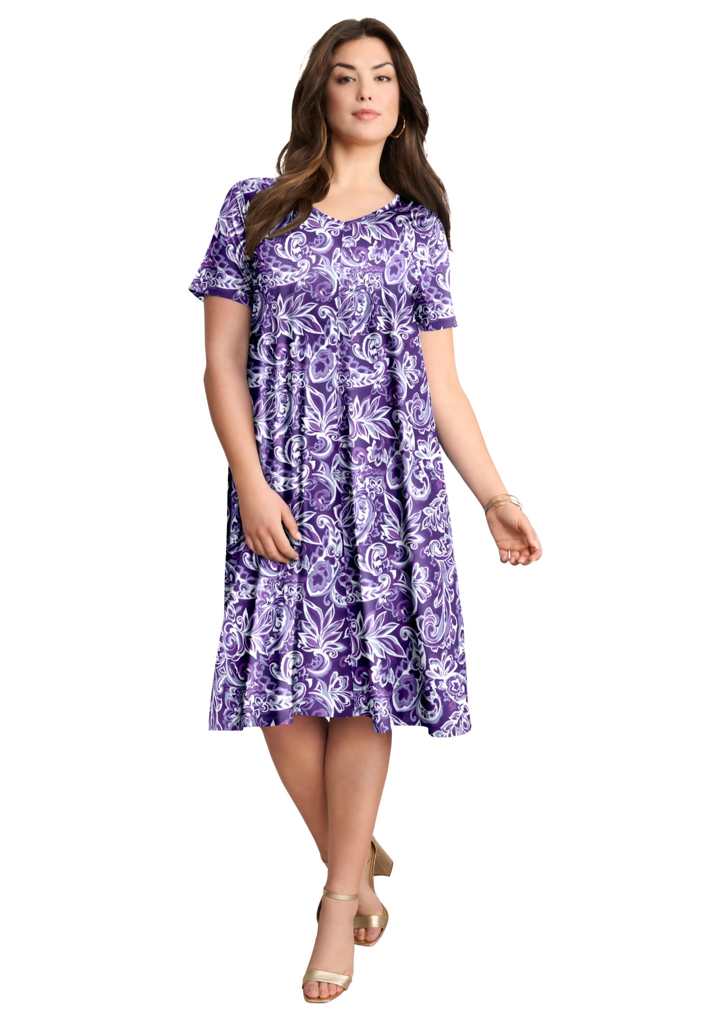 roamans plus size evening dresses Roaman's Women's Plus Size Petite Plus Size Short Sleeve Sleeve Swing Dress, Size: 14/16 Petite, Black