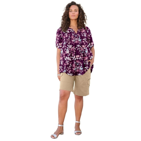 Roaman's Women's Plus Size Tara Pleated Shirt – Adjustable 3/4 Sleeve Swing Tunic With Notch Collar