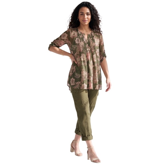 Roaman's Women's Plus Size Tara Pleated Shirt – Adjustable 3/4 Sleeve Swing Tunic With Notch Collar