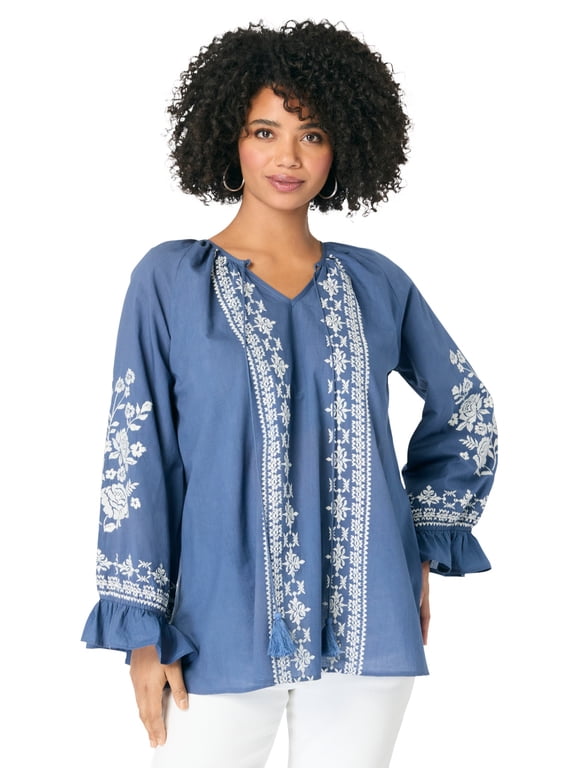 Women's Plus Size Tasseled Long-Sleeve Blouson Top