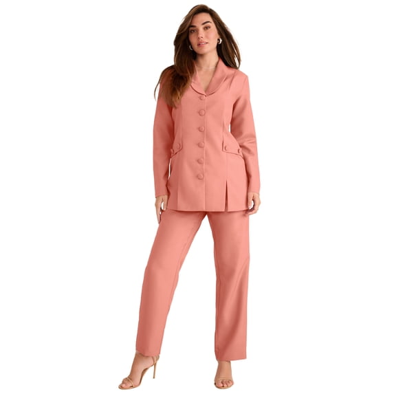Roaman's Women's Plus Size Petite Plus Size Long Sleeve Ten-Button Shawl-Collar Pant Suit – 2-Piece Pant Set