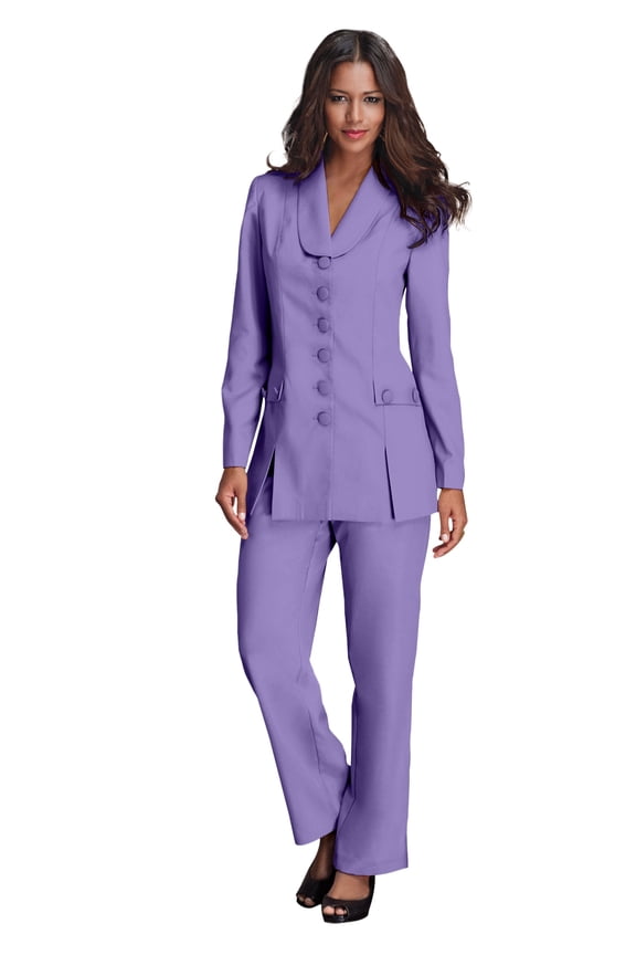 Women's Plus Size Petite Plus Size Long Sleeve Ten-Button Shawl-Collar Pant Suit – 2-Piece Pant Set