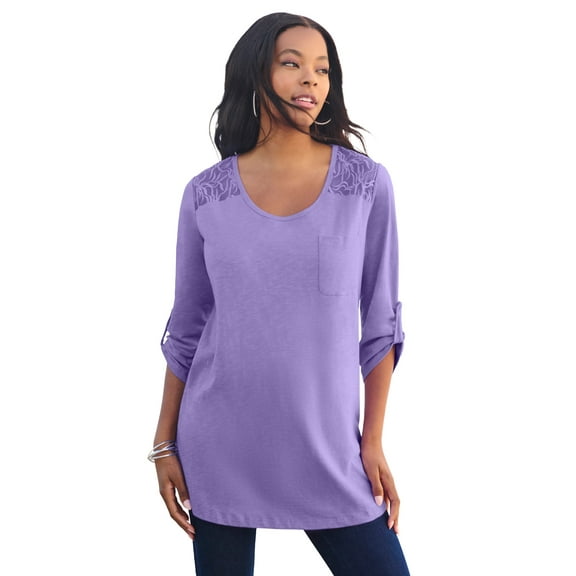 Roaman's Women's Plus Size Textured Lace Trimmed Tunic
