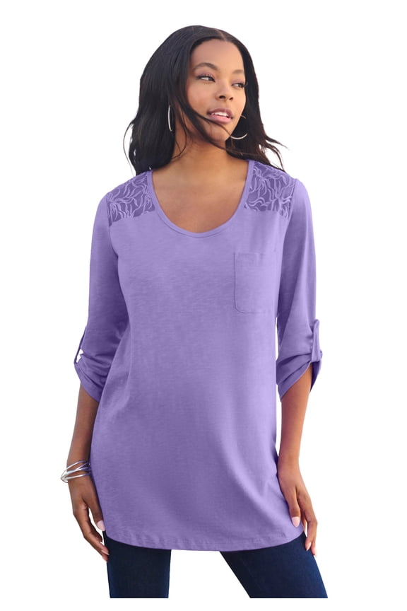 Women's Plus Size Textured Lace Trimmed Tunic
