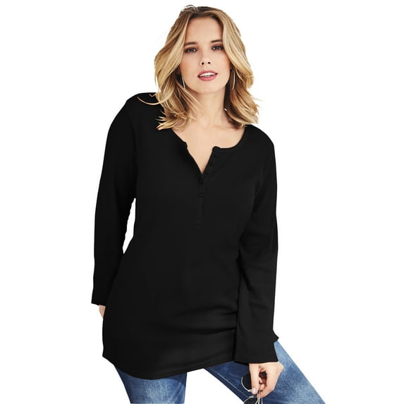 Roaman's Women's Plus Size Knit Thermal Henley Top – Long Sleeve