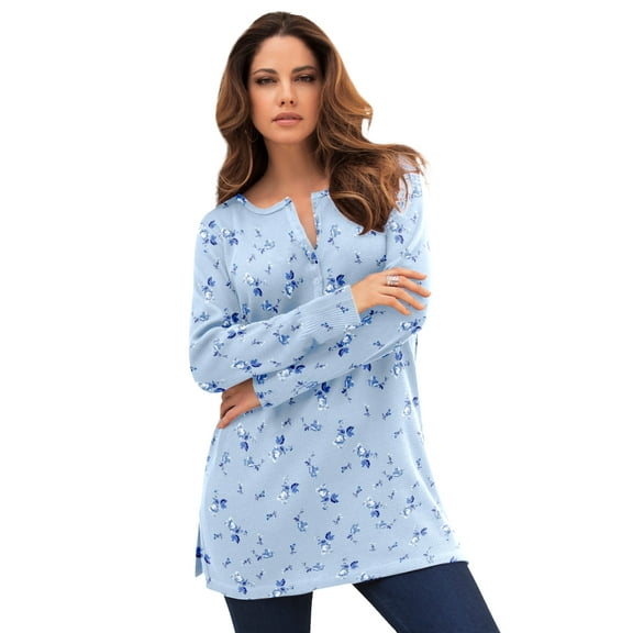 Roaman's Women's Plus Size Knit Thermal Henley Top – Long Sleeve