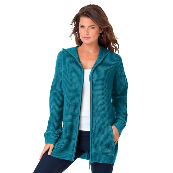 Roaman's Women's Plus Size Thermal Waffle Hoodie Zip Up Cardigan Jacket