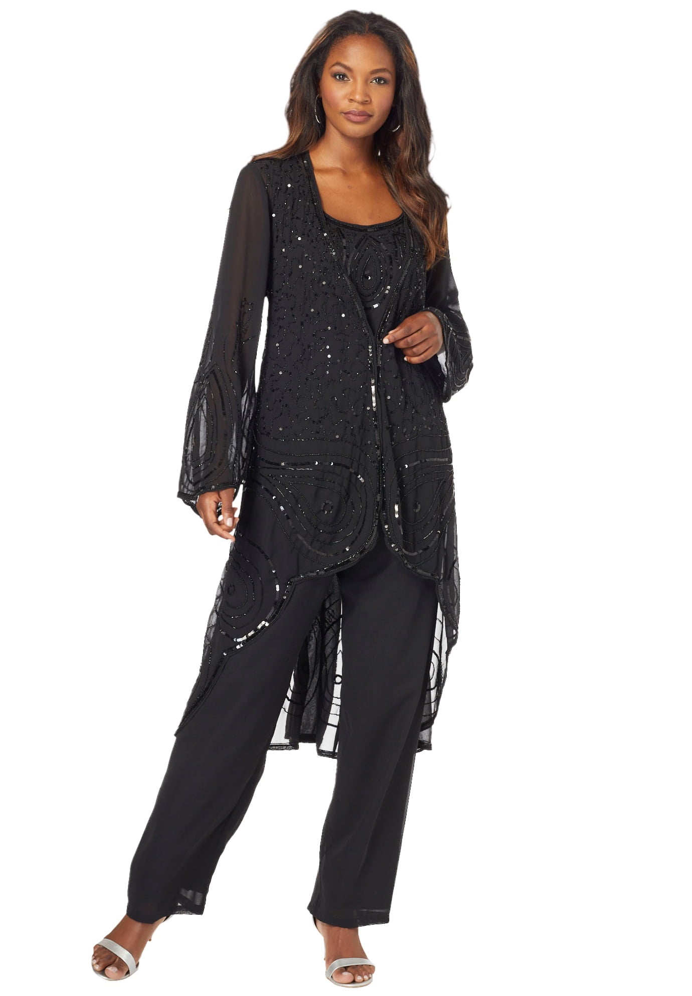 Roaman's Women's Plus Size Three-Piece Beaded Pant Suit Formal Evening Wear  Set, Mother Of The Bride Outfit