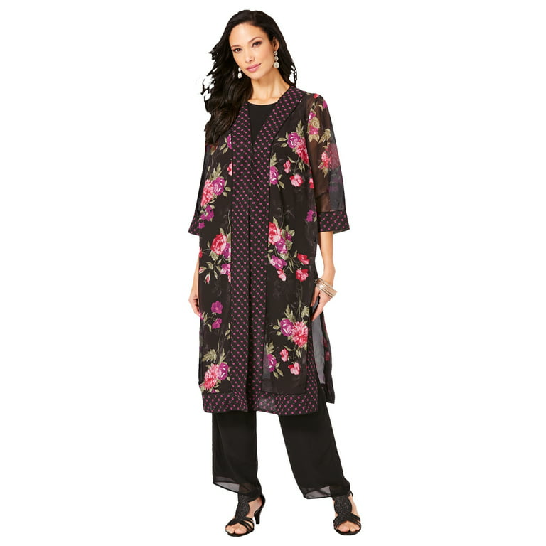 Roaman's Women's Plus Size Three-Piece Duster & Pant Suit Formal Sheer  Duster Pull On Wide Leg