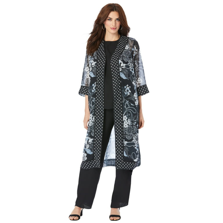 Roaman's Women's Plus Size Three-Piece Duster & Pant Suit Formal Sheer  Duster Pull On Wide Leg
