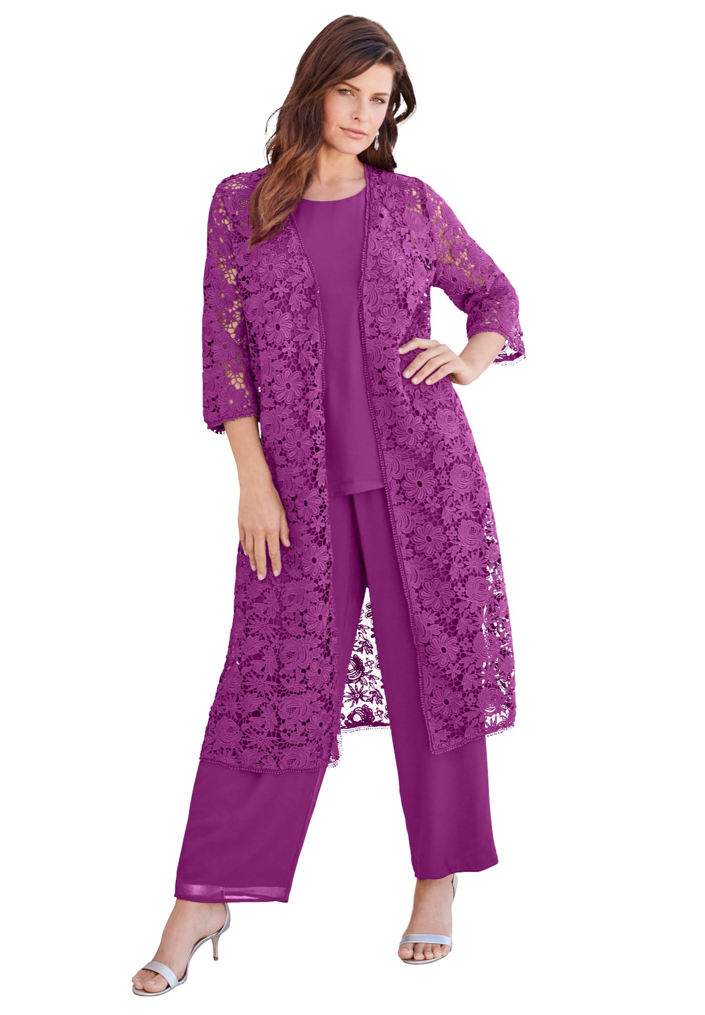Roaman's Women's Plus Size ThreePiece Lace Duster & Pant Suit Formal