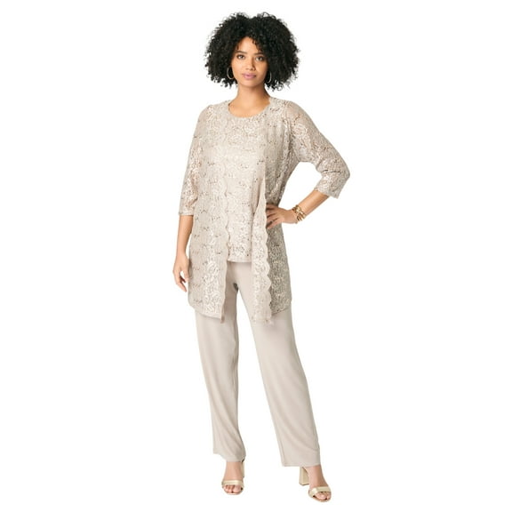 Roaman's Women's Plus Size Plus-Size 3 Piece 3/4 Sleeve Foil Lace Duster Pant Set