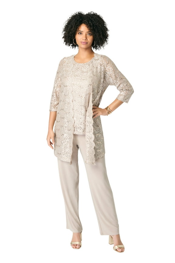 Women's Plus Size Plus-Size 3 Piece 3/4 Sleeve Foil Lace Duster Pant Set