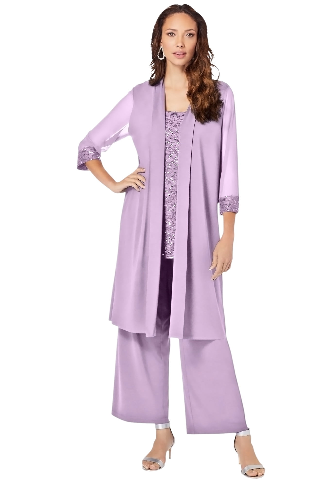 Roaman's Women's Plus Size Three-Piece Lace & Sequin Duster Pant Set ...