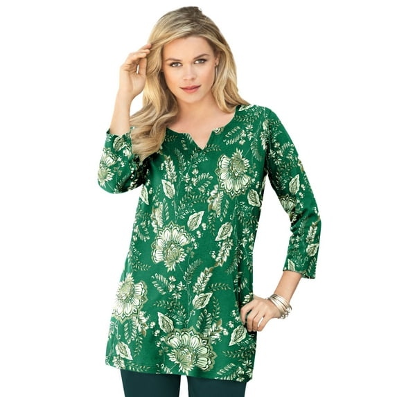 Roaman's Women's Plus Size Three-Quarter Sleeve Notch Neck Soft Knit Tunic