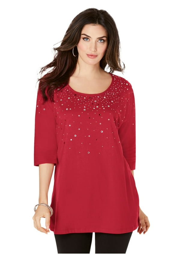 Women's Plus Size Three Quarter Sleeve Embellished Tunic