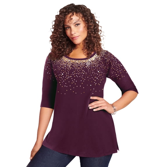 Roaman's Women's Plus Size Three Quarter Sleeve Embellished Tunic