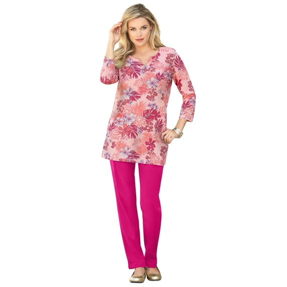 Roaman's Women's Plus Size Three-Quarter Sleeve Notch Neck Soft Knit Tunic