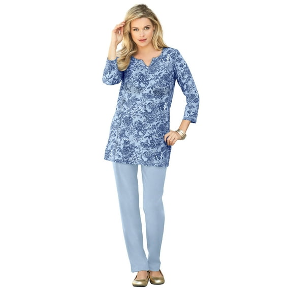 Roaman's Women's Plus Size Three-Quarter Sleeve Notch Neck Soft Knit Tunic