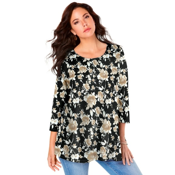 Roaman's Women's Plus Size Ultimate Three Quarter Sleeve Swing Tee