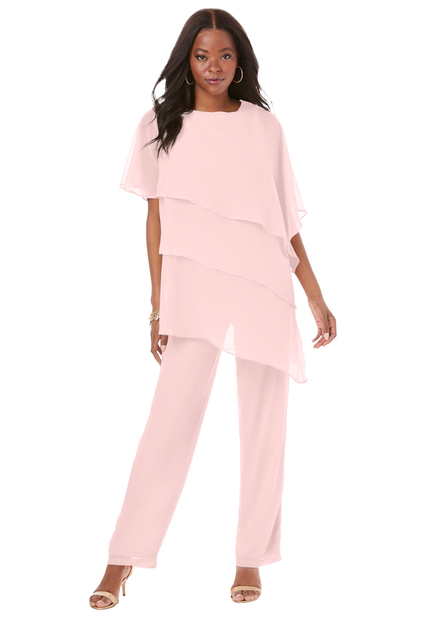 Roaman's Women's Plus Size Tiered Short Sleeve Pant Set