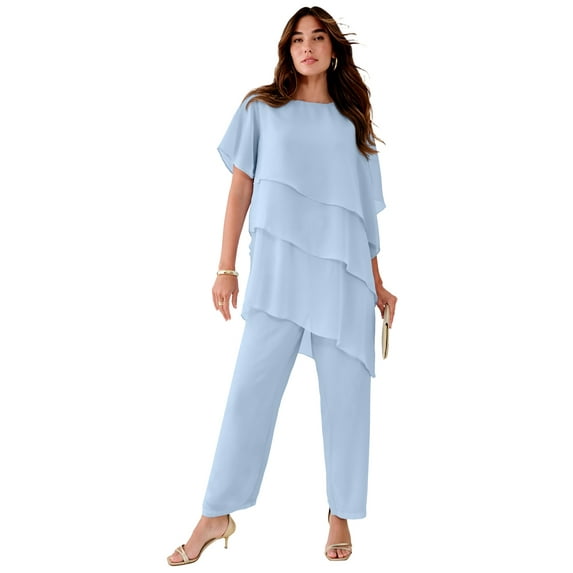 Roaman's Women's Plus Size Plus-Size 2 Piece Tierred Ruffle Top And Pant Set