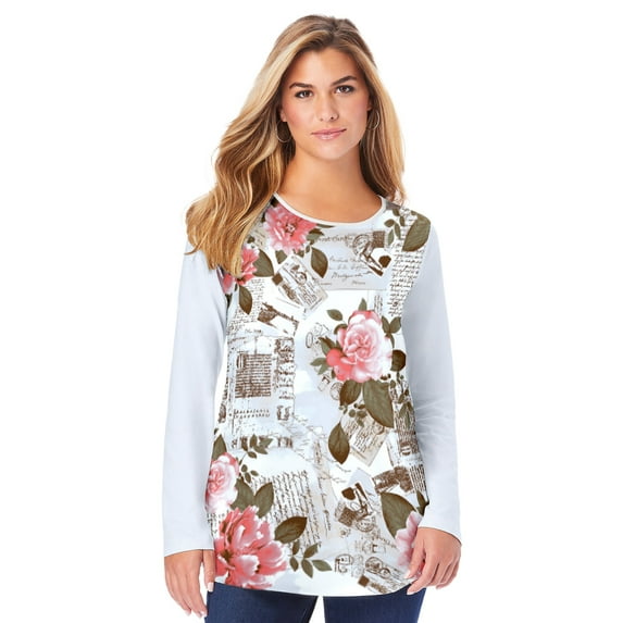Roaman's Women's Plus Size Travel Graphic Long Sleeve Tee