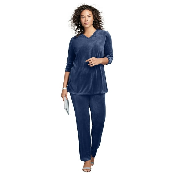 Roaman's Women's Plus Size Two-Piece V-Neck Velour Set