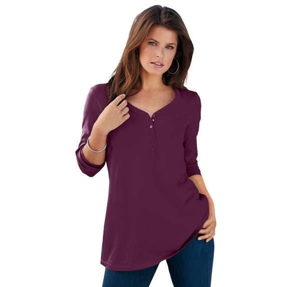 Roaman's Women's Plus Size Ultimate Long Sleeve Henley Tee With Sweetheart Neck