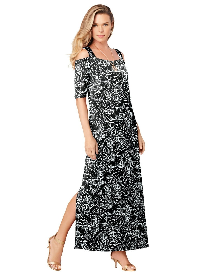 chinese dress ladies Printed Cold Shoulder Short Sleeve Maxi Dress Navy / M
