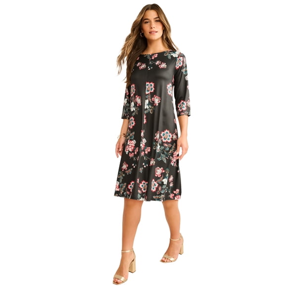 Roaman's Women's Plus Size 3/4 Sleeve Boatneck Swing Dress