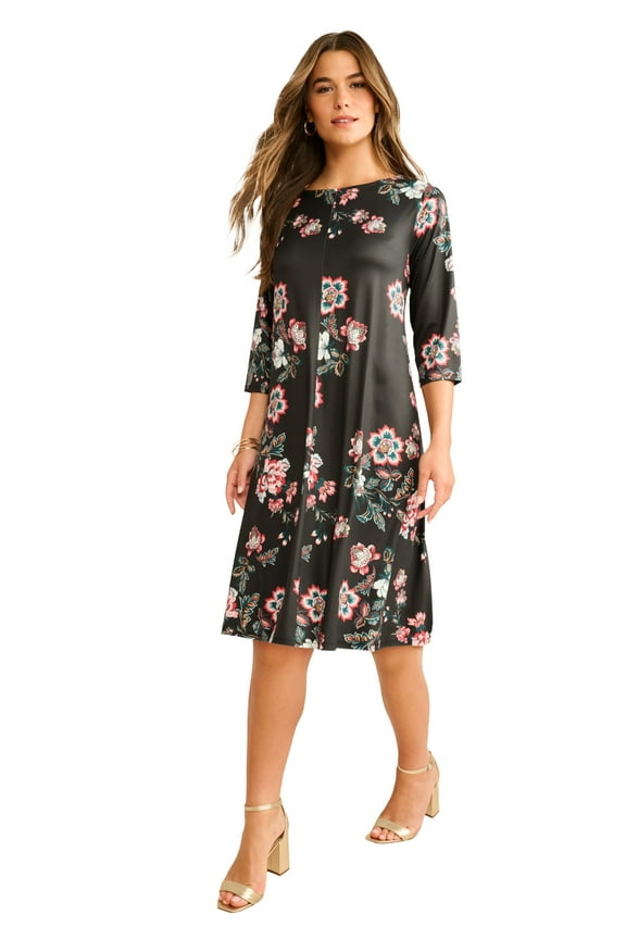 Women's Plus Size Petite Plus Size 3/4 Sleeve Boatneck Swing Dress