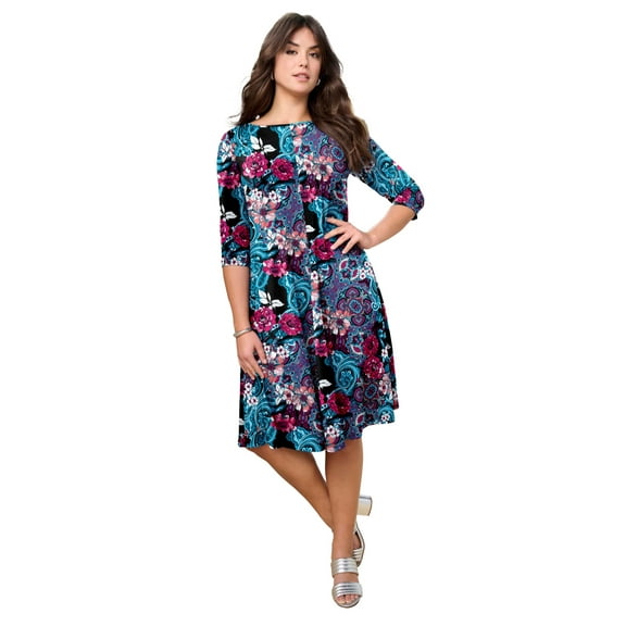 Roaman's Women's Plus Size Petite Plus Size 3/4 Sleeve Boatneck Swing Dress
