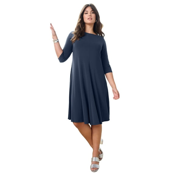 Roaman's Women's Plus Size Petite Plus Size 3/4 Sleeve Boatneck Swing Dress