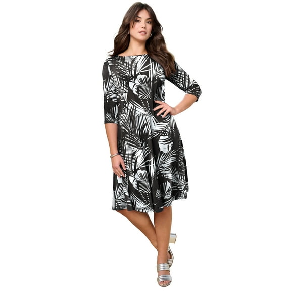 Roaman's Women's Plus Size 3/4 Sleeve Boatneck Swing Dress