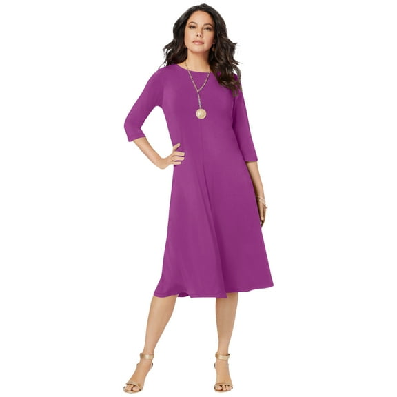 Roaman's Women's Plus Size 3/4 Sleeve Boatneck Swing Dress