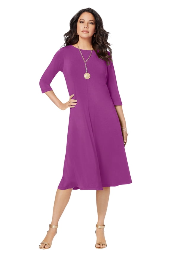 Women's Plus Size Petite Plus Size 3/4 Sleeve Boatneck Swing Dress
