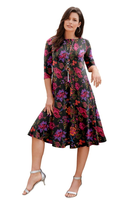 Women's Plus Size Petite Plus Size 3/4 Sleeve Boatneck Swing Dress