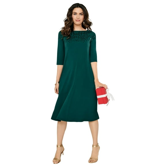 Roaman's Women's Plus Size 3/4 Sleeve Embellished Boatneck Dress