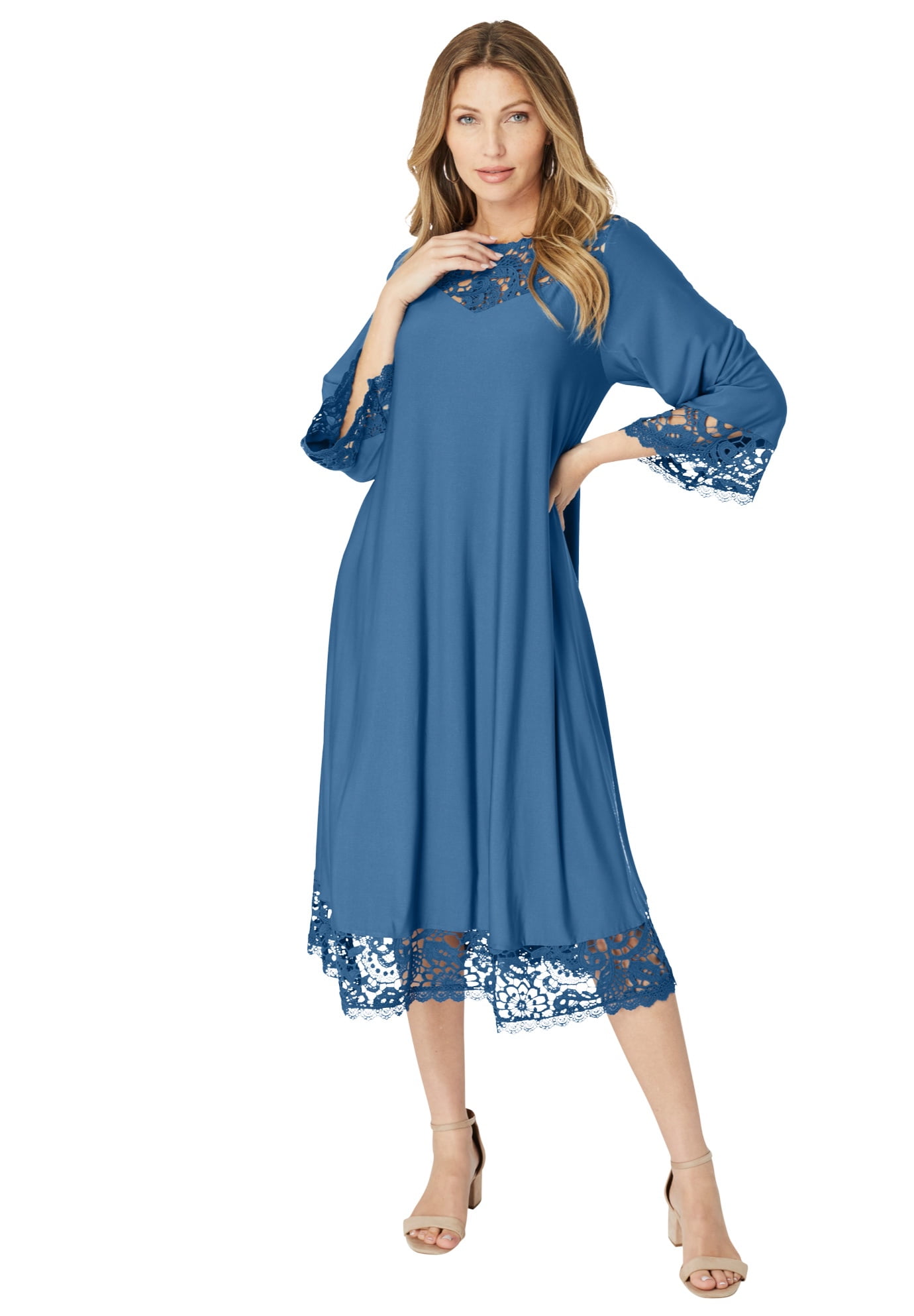 Roaman's Women's Plus Size Lace Cutout Fit And Flare Dress - Walmart.com
