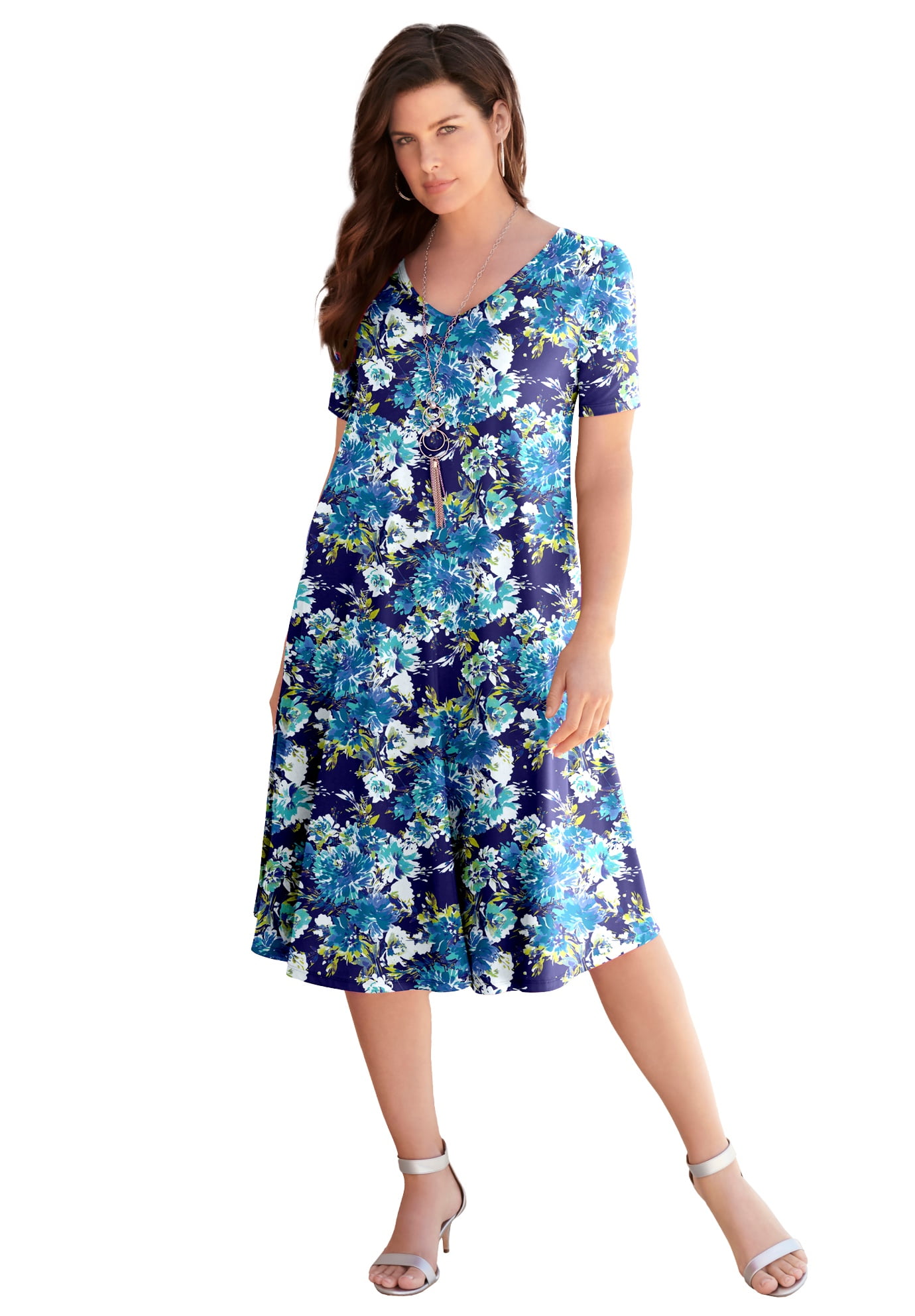 roamans plus size evening dresses Roaman's Plus Size 3/4 Sleeve Mesh Inset Boatneck Dress
