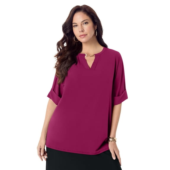 Roaman's Women's Plus Size Ultrasmooth Fabric V Neck Tee With Chain Detail