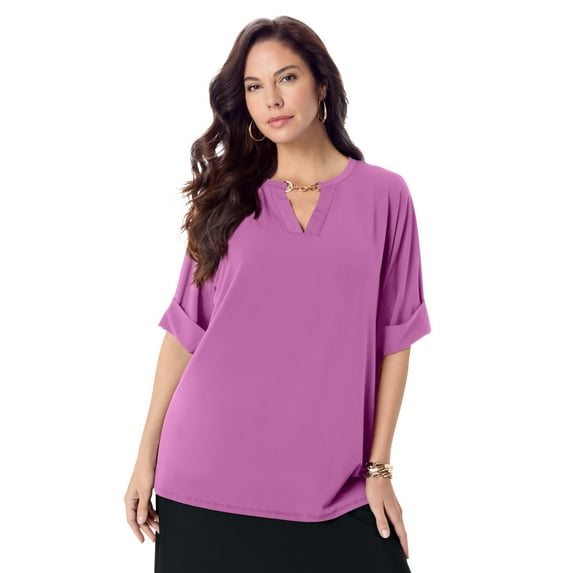 Roaman's Women's Plus Size Ultrasmooth Fabric V Neck Tee With Chain Detail