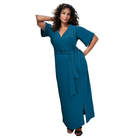 Roaman's Women's Plus Size Flutter Sleeve Wrap Maxi Dress