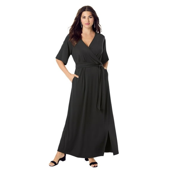 Roaman's Women's Plus Size Flutter Sleeve Wrap Maxi Dress