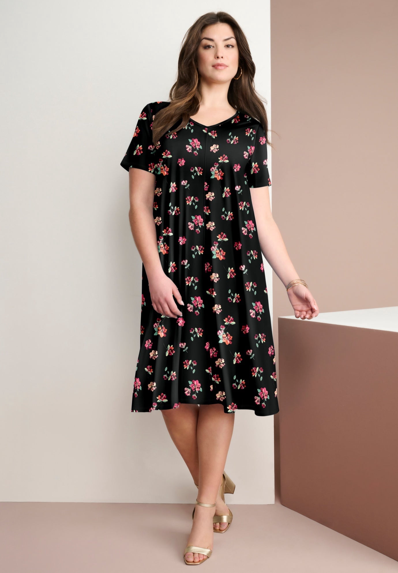 roamans plus size evening dresses Roaman's Women's Plus Size Petite Plus Size Short Sleeve Sleeve Swing Dress, Size: 14/16 Petite, Black