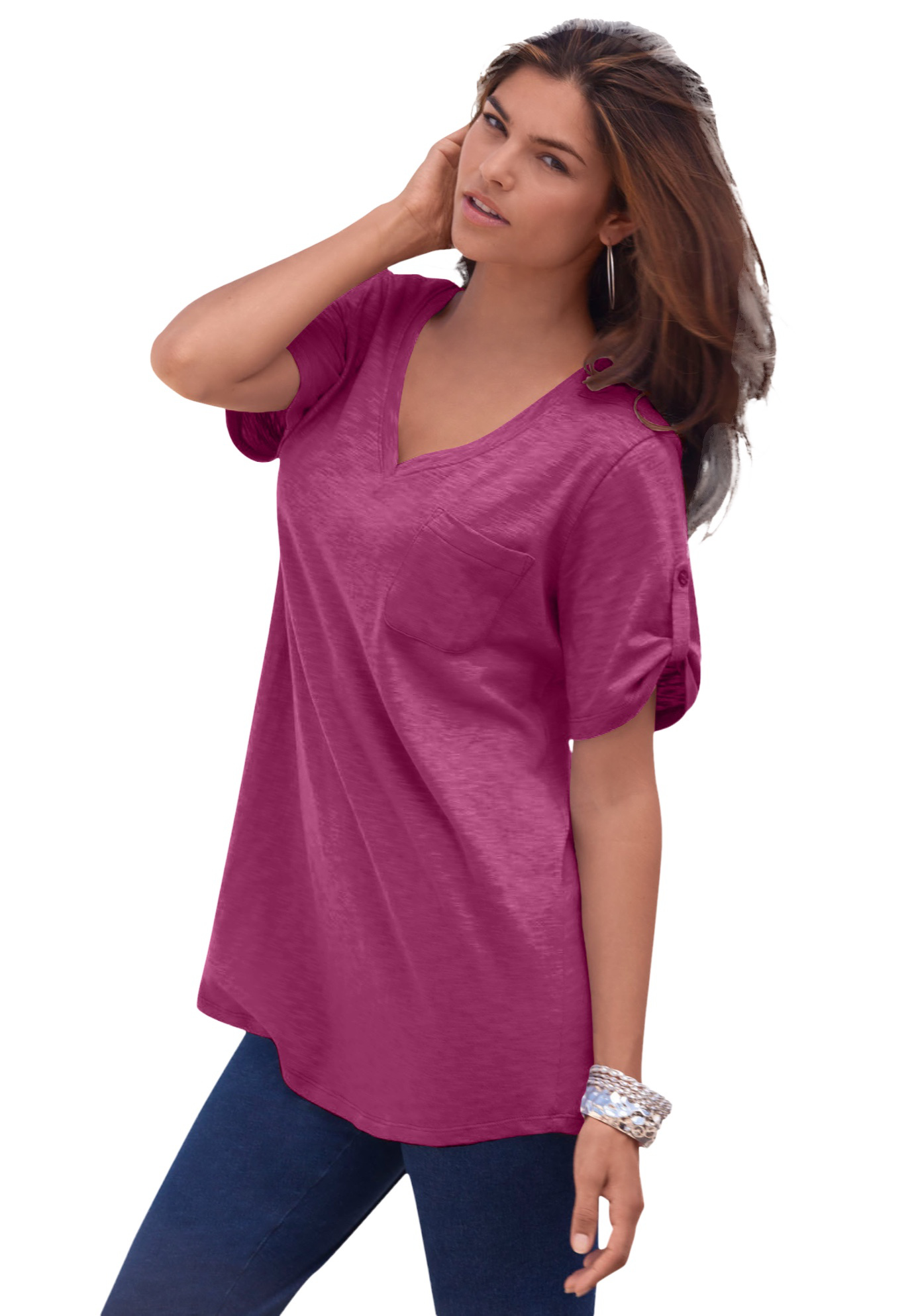 Karma Women's V-Neck Tunic Shirt – Bohemian Style, 3/4 Sleeves, 100% Cotton (Multiple Colors) - View #2