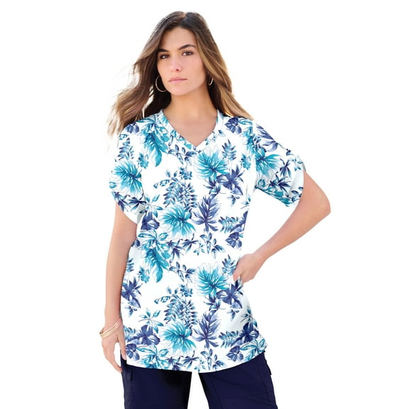 Roaman's Women's Plus Size Slub V-Neck Boyfriend Tunic Top