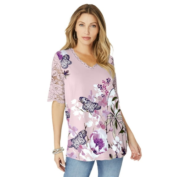 Roaman's Women's Plus Size Lace Sleeve Printed Tee